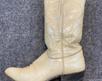 VTG Tony Lama Shiny Cream Leather Pointed Cowgirl Western Pull On Boots Womens 8