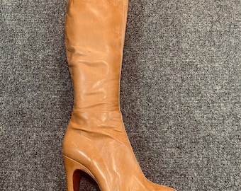 Vintage Alexander's Nordstrom Tan Leather Knee High Boots Block Heel Womens 7