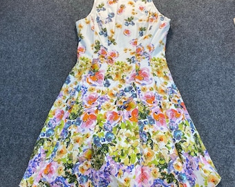 Vintage Maggy London Petites Women 10 White Sleeveless Spring Floral Dress