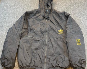 Vintage 90s Adidas Originals Black Gold Hooded Padded Nylon Jacket Mens Medium