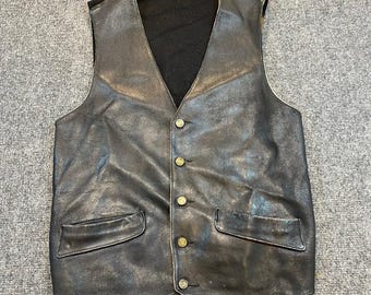 Vintage Roygarco Mens Medium Black Leather Button Vest Knit Back Biker Moto S M