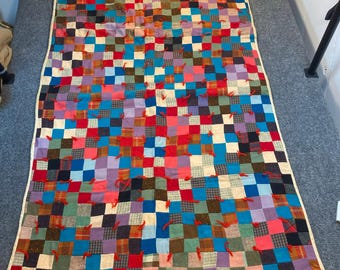 Vintage Patchwork Quilt Handmade Plaid Floral Wool Kids Grandma Blanket 56x34