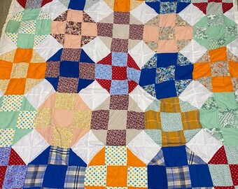 Handmade Vintage 30s Snowball Nine-Patch Quilt 67x72 Large Throw Blanket