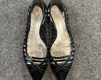 Vintage Guess Black Patent Leather Pointy Toe Cut Out Ballet Flats Womens 8.5