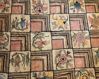 Large Antique Handmade American Folk Hooked Rug 12x9 Early 20th Century Vintage