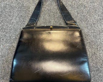 Vintage Mid Century Modern Black Top Handle Leather Handbag with Gold Tone Clasp