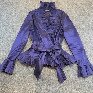 Adrianna Papell Vintage Iridescent Purple Ruffled Wrap Top Tie Belt Womens Small Bild 1