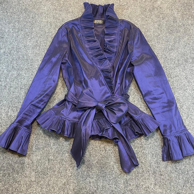 Adrianna Papell Vintage Iridescent Purple Ruffled Wrap Top Tie Belt Womens Small Bild 1