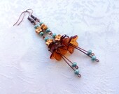 Transparent Brown Lucite Plastic Flower Bead Antique Copper Metal Earrings