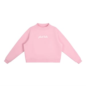 May include: A light pink sweatshirt with a mock neck and long sleeves. The text "plant babe" is embroidered in white on the front. The sweatshirt is made of a soft material and is a casual style.