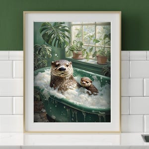 Póster de nutria, arte de baño de nutria, impresión artística de nutria en la bañera, regalo, arte divertido para el baño, estampado animal divertido, baño divertido canta, lindo póster de inodoro