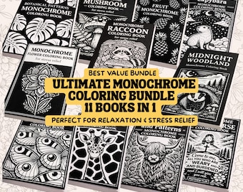 Monochrome Coloring Pages Bundle | One Color Coloring Mega Bundle | Capybara, Woodland, Floral Coloration, Cottagecore Coloring Book Set PDF