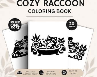 Raccoon Monochrome Coloring Book | Bold & Easy Cozy Animal One Color Coloring Pages for Adults and Teens, Printable PDF