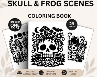 Skull & Frog Monochrome Coloring Book for Stress Relief, Spooky Cute Gothic Coloring Pages for Relaxation, One Color Coloring Printable PDF