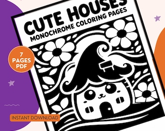 Cute houses Monochrome coloring pages, One color coloring book, kawaii printable adult coloring pages, cozy cute coloring pages,printable