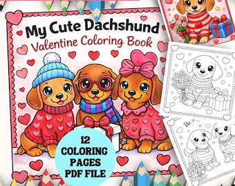 Dachshund Valentine Coloring Book Printable | Cute Dog Heart Coloring Pages | Cozy Anti Stress Valentine Coloring for Teens & Adults