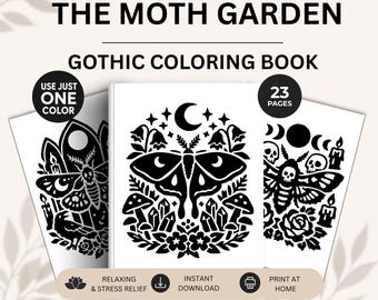 Relaxation Coloring Book for Adults stressrelief, Mystical  Moth Monochrome Coloring Sheets, Printable Coloring Pages Dark Academia digital