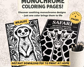 Monochrome Coloring Book Safari Animals | One Color Coloring | Wildlife Coloring Pages | Easy Minimalist Animal Coloring for Relaxation