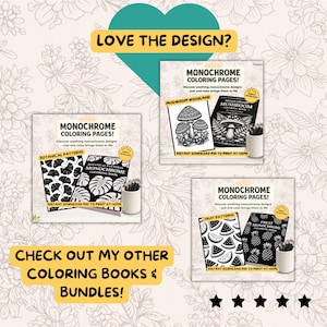 May include: Image of monochrome coloring pages with botanical, mushroom, and fruit patterns. The text reads "Love the Design?" and "Check out my other coloring books & bundles!" The pages are instant downloads.