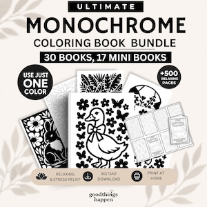 Monochrome Coloring Book Bundle, 30 Coloring Books Mini Coloring Books, One Color Coloring Pages | Cozy Printable Coloring Pages Mega Bundle