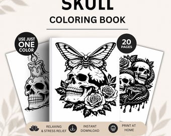 Monochrome Coloring Skull Book, One Color Coloring, Goblincore Coloring, Witch Coloring Book, Halloween Coloring, Magic Coloring Book