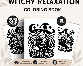 Witchy Relaxation Monochrome Coloring Book | Bold & Easy Cozy Witch Coloring Pages for Stress Relief, One Color Coloring Printable PDF
