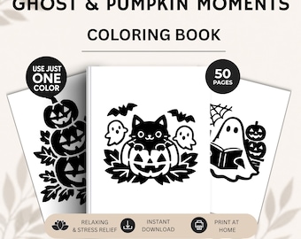 Halloween Coloring Book for Stress Relief, Cozy Ghosts & Pumpkins Monochrome Coloring Book, Printable Adult Coloring Pages PDF