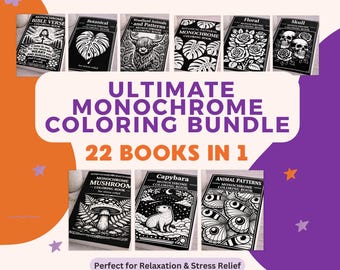 Monochrome Coloring Pages Bundle | One Color Coloring Mega Bundle | Capybara, Woodland, Floral Coloration, Cottagecore Coloring Book Set PDF