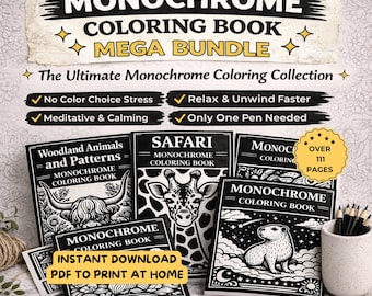 Monochrome Coloring Pages Bundle | One Color Coloring Mega Bundle | Capybara, Woodland, Floral Coloration, Cottagecore Coloring Book Set PDF