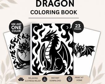 Fantasy Dragon Monochrome Coloring Book, One Color Coloring Pages, Enchanted Library, Magical Cozy Coloring, Stress Relief for Adults, PDF