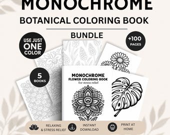 Monochrome Coloring Pages Bundle | One Color Coloring Mega Bundle | Floral Coloration, Botanical Coloring Book Set PDF printable
