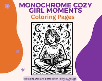 cozy girl moments coloring book, cozy cute coloring pages, self love coloring, monochrome coloring,  one color coloring, hygge coloring book