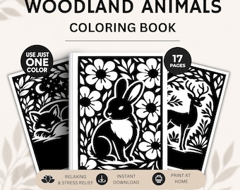 Woodland Monochrome Coloring Book, One Color Coloring Pages, Forest Animals Coloring, Cozy Nature Coloring, StressRelief for Adults PDF