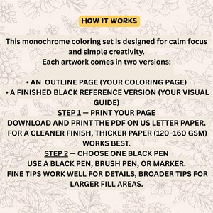 May include: A beige graphic with the text "HOW IT WORKS" in a yellow box. The text describes a monochrome coloring set with instructions to print the PDF on US letter paper and use a black pen.