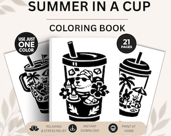 Summer In A Cup Monochrome Coloring Book for Stress Relief, Cozy Summer Animal Coloring Pages, One Color Coloring for Relaxation Printable