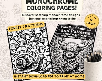 Monochrome Coloring Book Woodland Animals & Patterns | One Color Coloring | Highland Cow, Owl, Forest Creatures | Coloring Sheets for Adults