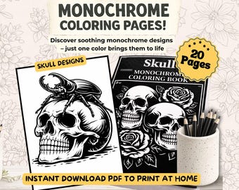 Zwart-wit kleuren schedelboek, kleurplaat in één kleur, goblincore-kleuring, heksenkleurboek, Halloween-kleurplaat, magisch kleurboek