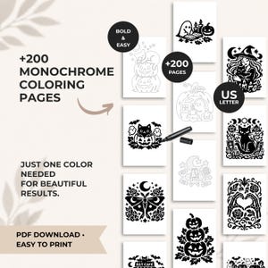 May include: A collection of 200 monochrome Halloween-themed coloring pages in US Letter format. The pages feature black and white illustrations of ghosts, pumpkins, cats, witches, and bats. Text includes +200 MONOCHROME COLORING PAGES, BOLD & EASY, +200 PAGES, US LETTER, and PDF DOWNLOAD.