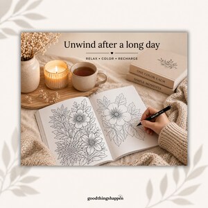 May include: An open coloring book with floral line art, a black pen, a beige mug, a lit candle in a glass holder, and two stacked books titled One Color Calm and Simple Moments. The text reads Unwind after a long day, RELAX &bull; COLOR &bull; RECHARGE.