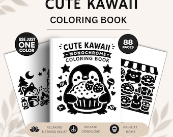 Cute Kawaii Monochrome Coloring Book | Bold & Easy Cozy Girl Coloring Pages for Relaxation One color coloring printable pdf stressrelief