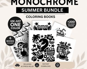 Summer Coloring Bundle for Stress Relief, Cozy Monochrome Coloring Books, Printable Coloring Pages Mega Bundle PDF