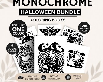 Stress Relief Halloween Coloring Bundle, Cute Ghost & Witch Monochrome Coloring Books, Printable PDF Coloring Pages Bundle coloring printing