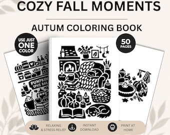 Cozy Fall Coloring Book for Stress Relief, Hygge Monochrome Coloring Book, Adult Coloring Pages Printable PDF