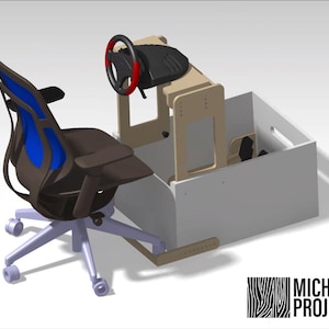 May include: A 3D rendering of a DIY racing simulator made from wood. The simulator includes a steering wheel, pedals, and a seat. The seat is a black office chair with blue mesh back. The simulator is designed to be used with a computer or gaming console.