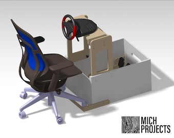 May include: A 3D rendering of a DIY racing simulator made from wood. The simulator includes a steering wheel, pedals, and a seat. The seat is a black office chair with blue mesh back. The simulator is designed to be used with a computer or gaming console.