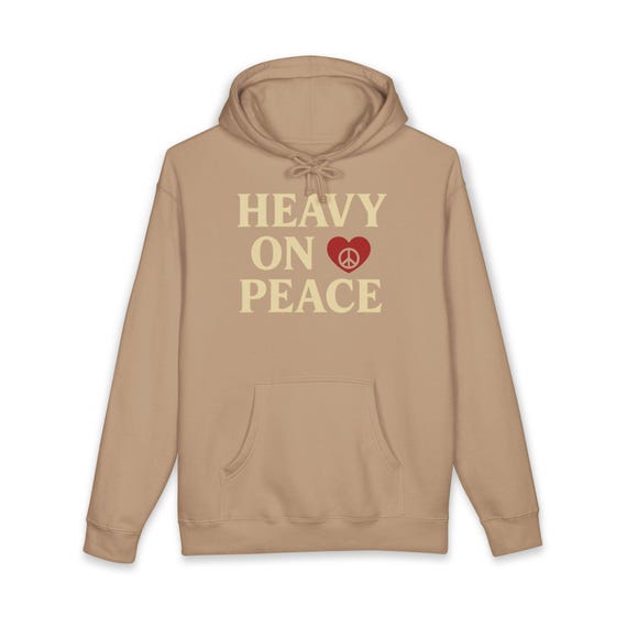 Heavy on Peace Hoodie | Retro Peace Heart Typography, Neutral Brown