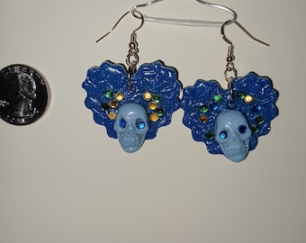 Sugar Skull and  Rhinestones earrings with Rose Gold hooks