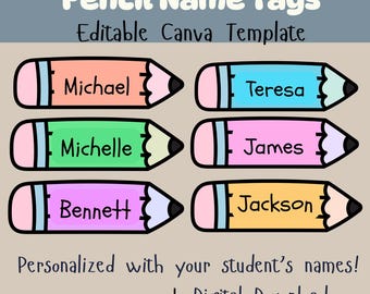 Editable Pencil Name Tags | Back to School Name Labels | Canva Template Personalized printable
