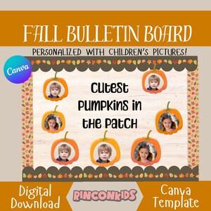 Pode incluir: Um modelo de quadro de avisos com tema de outono com o texto "Fall Bulletin Board" e "Cutest Pumpkins in the Patch". O design inclui molduras em forma de abóbora com fotos de crianças e o logotipo Canva.