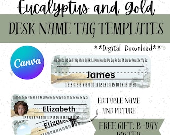 Eucalyptus gouden naamlabels bureau: bewerkbaar klasdecor (digitale download)